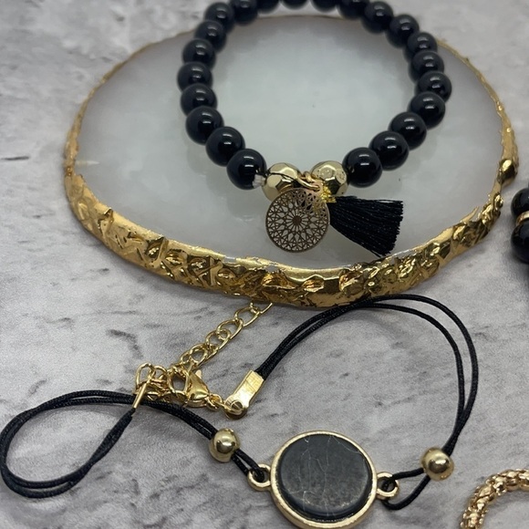 Boho Chic Black Marble Beaded Layering Bracelet Set - Picture 9 of 13